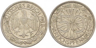 Германия 50 рейхспфеннигов 1928 A KM 49, J.324 никель 110-257