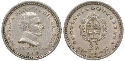 Уругвай 25 сентесимо 1960 KM 40 медно-никель 4576-751