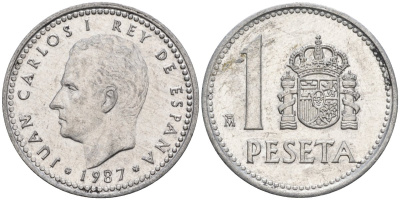 Испания 1 песета 1987 M, Хуан Карлос I (1975-2014) KM 821 алюминий 4402-1044