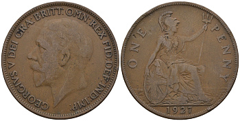 Великобритания 1 пенни 1927 Георг V (1910-1936) КМ 826, Spink 4054 бронза 4607-1222