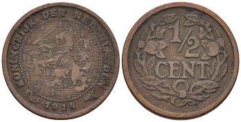НИДЕРЛАНДЫ 1/2 ЦЕНТА 1914 ВИЛЬГЕЛЬМИНА (1890-1948) KM 138 бронза 39-163