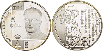 Бельгия 5 экю 1998 50 лет принятия декларации по правам человека (1948-1998), Альберт II KM 221 серебро PROOF 11-173-15