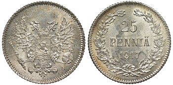 Россия для Финляндии 25 пенни 1917 S, временное правительство, без короны KM 19, Биткин 2 серебро 75-1519