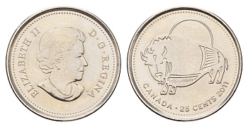 Канада 25 центов 2011 Природа Канады - Бизон KM 1168 сталь плакированная никелем UNC 4678-1214