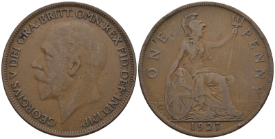 Великобритания 1 пенни 1927 Георг V (1910-1936) КМ 826, Spink 4054 бронза 4607-1222