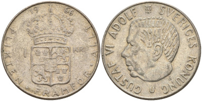Швеция 1 крона 1966 U, Густав VI Адольф (1950-1973) KM 826 серебро 4150-211