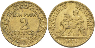 ФРАНЦИЯ 2 ФРАНКА 1925 ТИП CHAMBRES DE COMMERCE KM 877, LE FRANC 267.7 алюминиевая бронза 69-1222