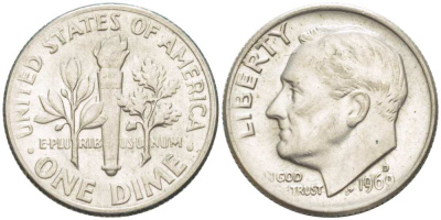 США 10 ЦЕНТОВ = 1 ДАЙМ 1969 D, РУЗВЕЛЬТ KM 195а медь плакированная медно-никелем 217-1057