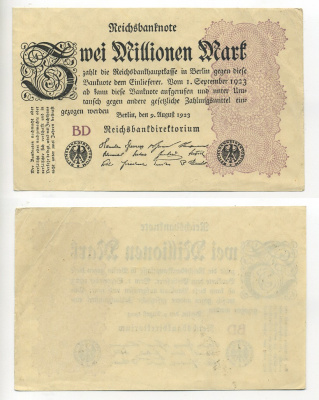 Германия 2000000 марок 1923 9 августа 1923, водяной знак L, серия BD Pick 104 b, Rosenberg 103 c бумага 7217-37-1