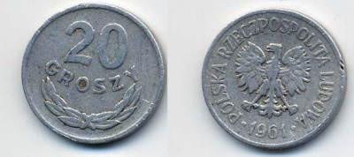 Польша 20 грошей 1961 MW KM А47, Parchimowicz 208b алюминий 35-415