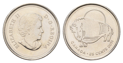 Канада 25 центов 2011 Природа Канады - Бизон KM 1168 сталь плакированная никелем UNC 4678-1214