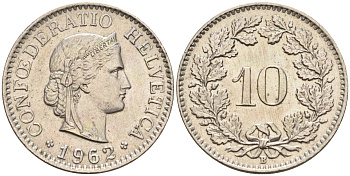 Швейцария 10 раппенов 1962 B KM 27  медно-никель 4115-753
