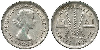 Австралия 3 пенса 1961 m, Елизавета II (1952-2022) KM 57 серебро 71-815