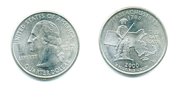 США 25 центов = квотер 2000 Р, серия штаты США, Массачусетс KM 305 медь плакированная медно-никелем 61-1144