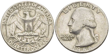 США 25 центов (квотер) 1966 Вашингтон KM 164а медь плакированная медно-никелем 117-253