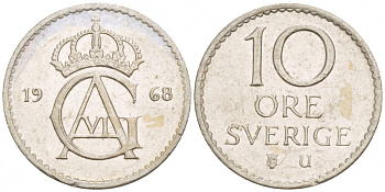 Швеция 10 эре 1968 U Густав VI Адольф (1950-1973) KM 835 медно-никель 4547-1059