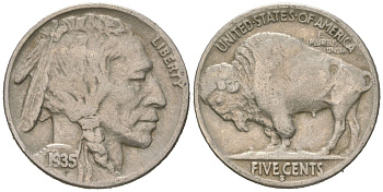 США 5 центов 1935 S, индеец, бизон KM 134 медно-никель 4614-1224