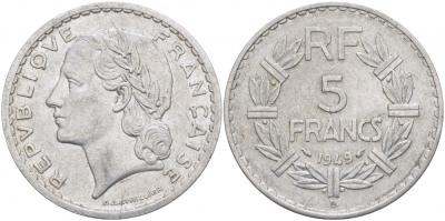 Франция 5 франков 1949 В, тип Лаврийе KM 888b.2, LE FRANC 339.19 алюминий 4403-226