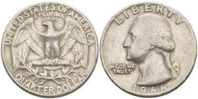 США 25 центов (квотер) 1966 Вашингтон KM 164а медь плакированная медно-никелем 117-253