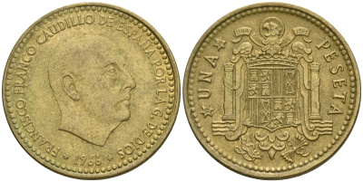 Испания 1 песета 1966 (74) Франсиско Франко (1939-1975) KM 796 алюминиевая бронза 4364-3621