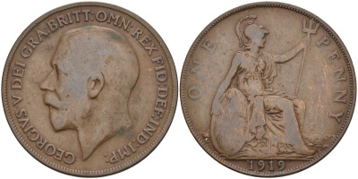 Великобритания 1 пенни 1919 Георг V (1910-1936) KM 810, Spink 4051 бронза 4149-723