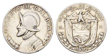 Панама 1/4 бальбоа 1930 Васко Нуньес де Бальбоа KM 11.1 серебро 51-1116