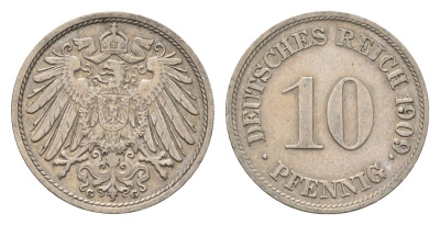 Германия 10 пфеннигов 1909 G KM 12, J. 13 медно-никель 4649-925