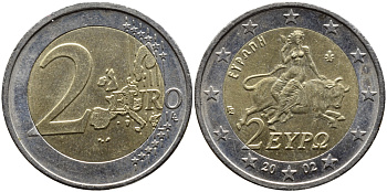 Греция 2 евро 2002 похищение Европы KM 188 биметалл 4390-1216