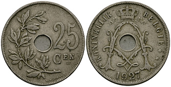 Бельгия 25 сантимов 1927 Belgie KM 69 медно-никель 4131-116