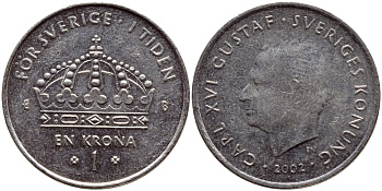 Швеция 1 крона 2002 Карл XVI Густав (1973- ) KM 894 медно-никель 4364-1152