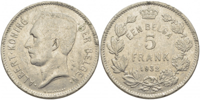 БЕЛЬГИЯ 5 ФРАНКОВ 1932 BELGEN KM 98 никель 114-832