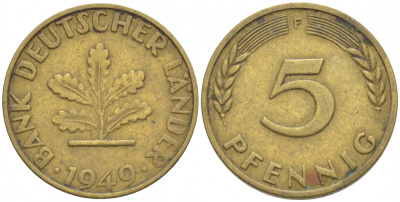 ФРГ 5 ПФЕННИГОВ 1949 F KM 102, J. 377 сталь плакированная латунью 4532-612
