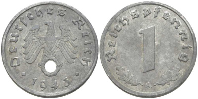 ГЕРМАНИЯ 1 РЕЙХСПФЕННИГ 1943 A KM 97, J. 369 цинк 206-1148