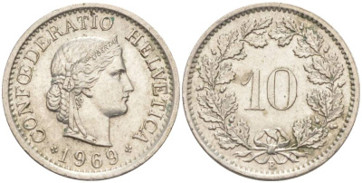 ШВЕЙЦАРИЯ 10 РАППЕНОВ 1969 В KM 27 медно-никель 55-421