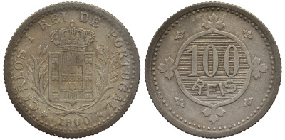 ПОРТУГАЛИЯ 100 РЕЙС 1900 КАРЛОС I (1889-1908) KM 546 медно-никель 77-431