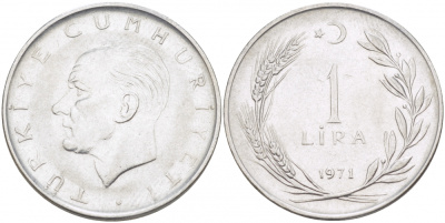 Турция 1 лира 1971 Мустафа Кемаль Ататюрк KM 889а.2 нержавеющая сталь 212-1233