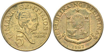 Филиппины 5 сентимо 1967 Мельхора Акино де Рамос KM 197 латунь 4588-827