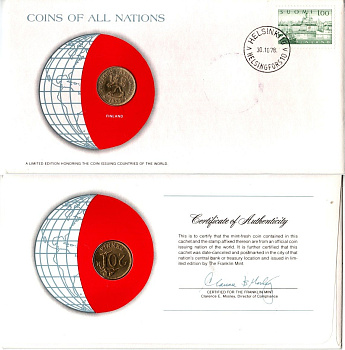 Финляндия 20 пенни 1978 конверт с маркой первого дня гашения, Coins of Nations KM 47 алюминиевая бронза UNC 9-1-01-75