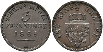 ПРУССИЯ 3 ПФЕННИГА 1869 А, ВИЛЬГЕЛЬМ I (1861-1888) KM 482 медь 4448-1123