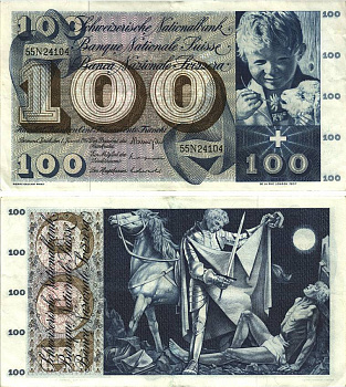 Швейцария 100 франков 1967 1 января 1967, серия 55 N, подпись 42 Pick 49 i бумага 8606-25-1-2