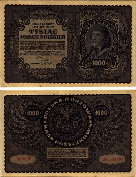 ПОЛЬША 1000 МАРОК 1919 23 АВГУСТА 1919, ТРЕТИЙ ВЫПУСК, ТАДЕУШ КОСТЮШКО Pick 29 бумага XF 7487-44-1