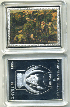 Конго 10 франков 2009 серия шедевры мировой живописи, ПОЛЬ СЕЗАНН, COTE du GALET , at PONTOISE, серебрение, размер 35Х46 мм., цветная эмаль медно-никель PROOF M43-8