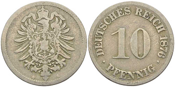 ГЕРМАНИЯ 10 ПФЕННИГОВ 1876 G, СТАРОГЕРБОВКА KM 4, J. 4 медно-никель 4401-914