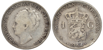 Нидерландское Кюрасао 1 гульден 1944 D, Вильгельмина (1890-1948) KM 45 серебро 36-513