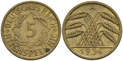 Германия 5 рейхспфеннигов 1936 A KM 39, J. 316 алюминиевая бронза 4151-733