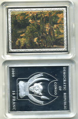 Конго 10 франков 2009 серия шедевры мировой живописи, Поль Сезанн, Кот-дю-Гале, в Понтуазе,  серебрение, размер 35Х46 мм., цветная эмаль медно-никель PROOF 1066-14-22