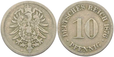ГЕРМАНИЯ 10 ПФЕННИГОВ 1876 G, СТАРОГЕРБОВКА KM 4, J. 4 медно-никель 4401-914