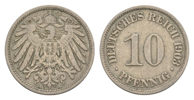 Германия 10 пфеннигов 1903 A, Вильгельм II (1888-1918) KM 12, J. 13 медно-никель 4647-915