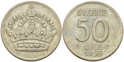 Швеция 50 эре 1958 TS, Густав VI Адольф (1950-1973), проба 400, вес 4,8 гр. KM 825 серебро 80-242