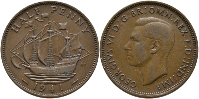 Великобритания 1/2 пенни 1941 Георг VI (1936-1952) KM 844, Spink 4115 бронза 60-1135